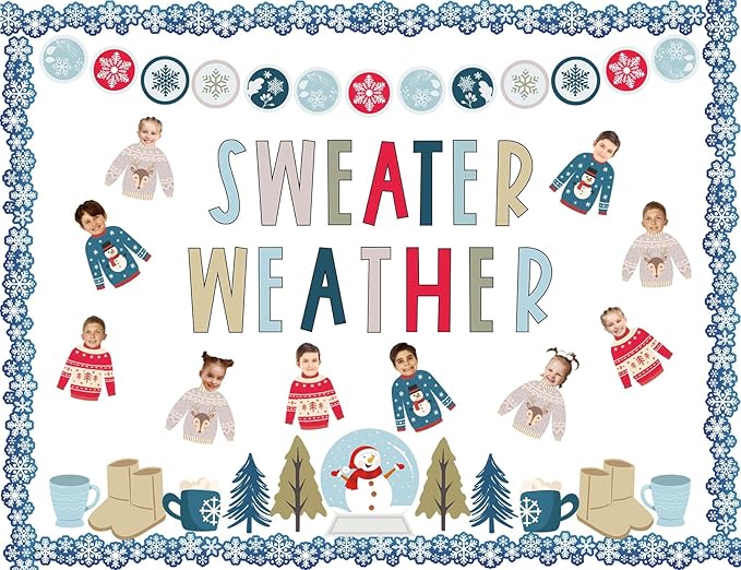 Whaline 85Pcs Winter Bulletin Board Decoration Kit Xmas Tree Snowmen Snowflake Cutouts with Glue Point Christmas Holiday Classroom Bulletin Border Stickers for Home School Office Wall Door Decor