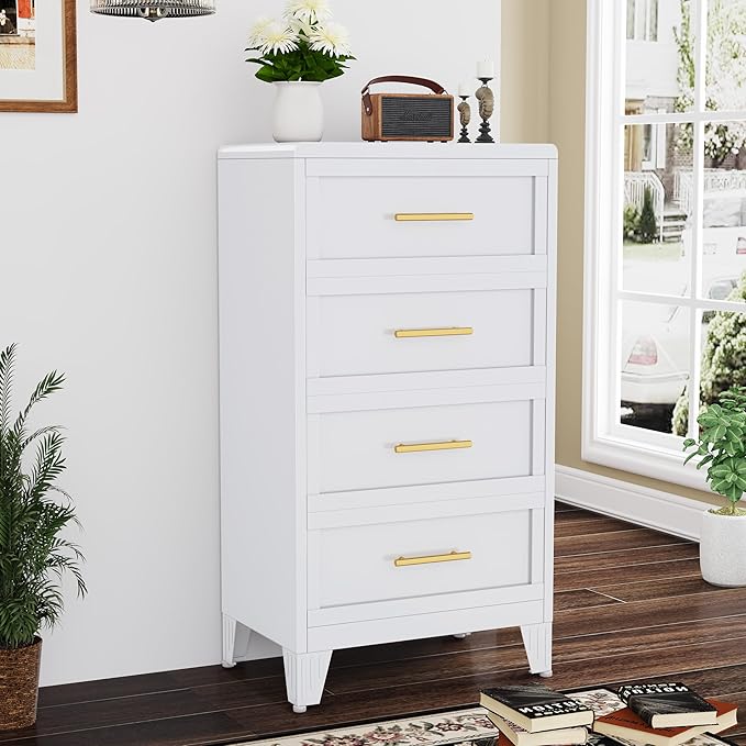 44.45" Tall Dresser for Bedroom 4 Drawers, Metal Dresser Chest of Drawers, Circular Drawer Cabinet for Home,Filing Cabinet with Drawers for Office (White)