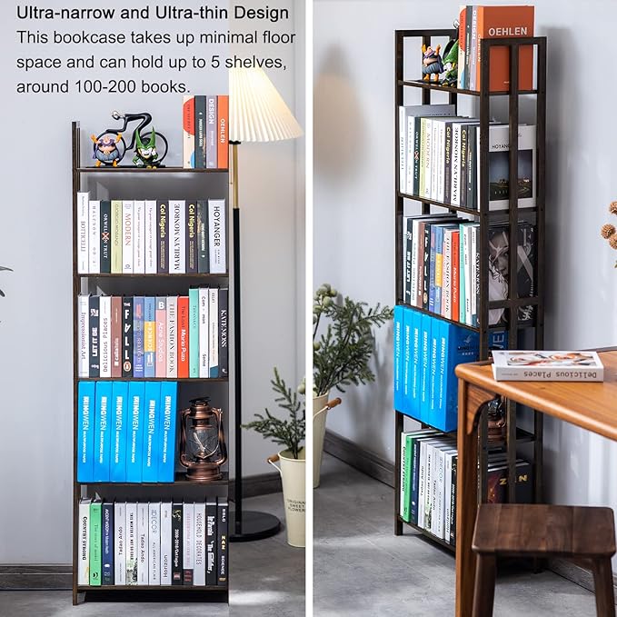 COPREE 5 Tier Bookshelf, Bamboo Space-Saving Tall Book Shelves,Walnut-Colored Freestanding Narrow Book Rack Organizer Shelving Unit Storage for Small Space, Living Room, Bedroom and Office