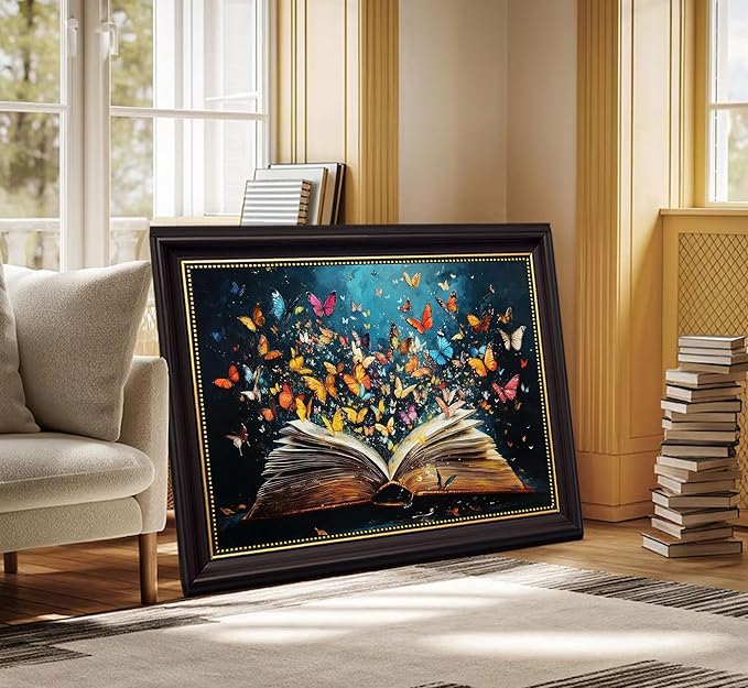 Dark Brown Frame Colorful Butterfly Book Canvas Wall Art Butterfly Emerging From Book Wall Decor Picture Reading Enthusiasts Poster Print for Library Reading Room Modern Reading Home Decoration