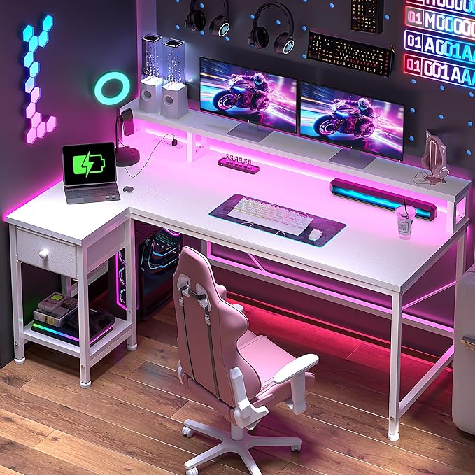 White Desk with Drawers, 48" L Shaped Computer Desk with Monitor Stand & Power Outlet for Small Room, LED Lights for Gaming, Study Room, Bedroom, White