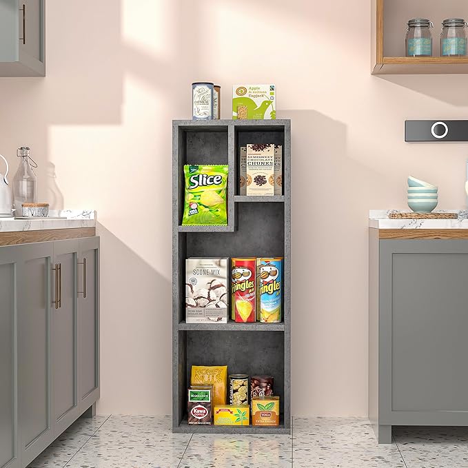 VECELO 3-Tier Small Bookcase, 4 Cube Bookshelf with Height Difference Shelves for Most Books, Modern Floor Standing Unit, Each Shelf Hold Up to 66 LBS for Living Room Bedroom, Grey