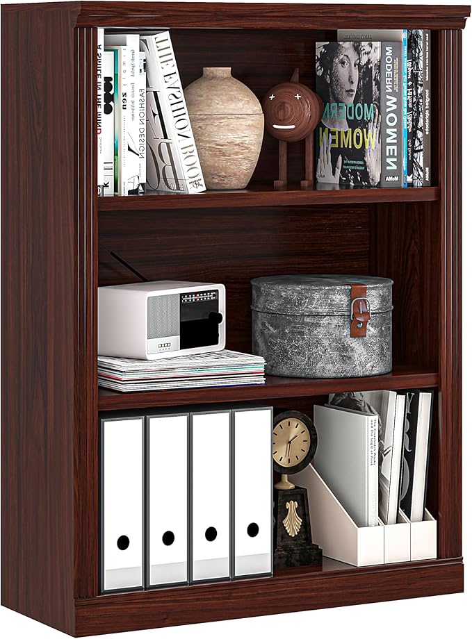 3-Tier Bookshelf Basic Book Case, Wooden Storage Shelves Rustic Bookshelf, D:12.8" x W: 29.5" x H:41.2", Sturdy Display Cabinet for Living Room, Library, Office, 3-Tier, Cherry