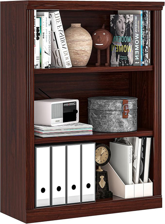 3-Tier Bookshelf Basic Book Case, Wooden Storage Shelves Rustic Bookshelf, D:12.8" x W: 29.5" x H:41.2", Sturdy Display Cabinet for Living Room, Library, Office, 3-Tier, Cherry