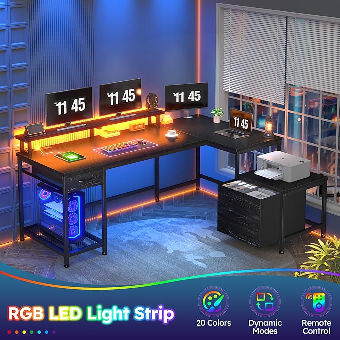 95.6'' Office Desk with LED Lights & Power Outlets, L Shaped Gaming Desk with Drawers, Two Person Computer Desks with Monitor Stand for Home Office, Study Room and Bedroom, Black