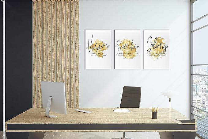 SHMAO Gold Office Canvas Wall Art Motivational Wall Decor, 3 Piece Vision Sacrifice Glory Print Pictures for Office Wall Decor Women Inspirational Framed Artwork Home Office Decor 12”x18”x3 Panels