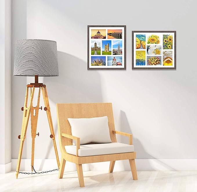 Golden State Art, Set of 2, 13.7x15.7 Distressed Brown Wood Collage Frame - White Mat - Displays Seven 4x6 Photos - Real Glass, Sawtooth Hanger, Swivel Tabs - Wall Mounting, Landscape, Portrait