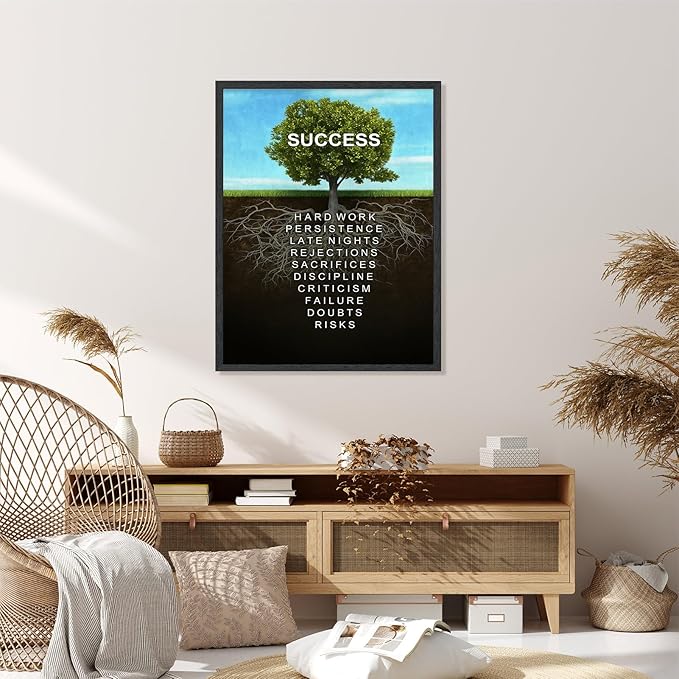 Framed Success Tree Canvas Print Art Modern Wall Art Painting Elegant Pictures Motivational Tree Root Wall Decor Home Decor Office Apartment Wall Decoration (Black Framed,12L x16W)