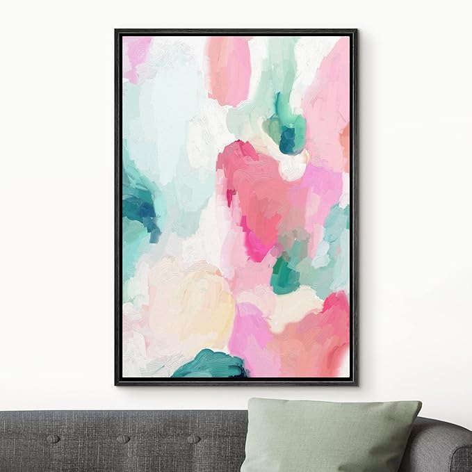 MUDECOR Framed Canvas Print Wall Art Pastel Pink, Green & Yellow Paint Strokes Abstract Shapes Watercolor Modern Art Contemporary Multicolor Ultra for Living Room, Bedroom, Office - 16"x24" Black