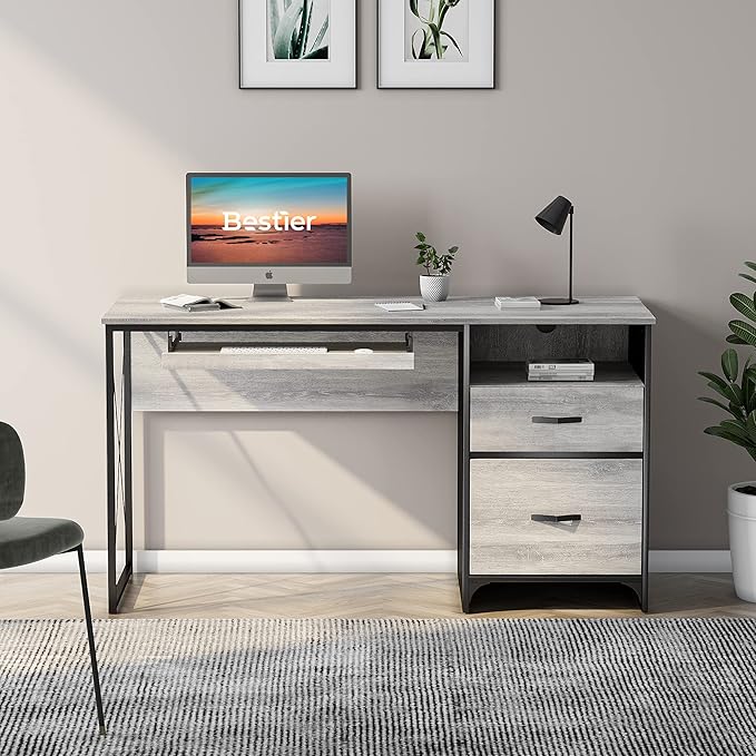 Bestier Office Desk with Drawers, 55 inch Industrial Computer Desk with Storage, Wood Teacher Desk with Keyboard Tray & File Drawer for Home Office, Light Gray Oak