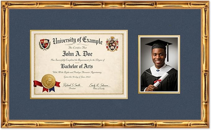 CountryArtHouse Fits 11.69 x 8.27 A4 Certificate and 5 x 7 Photo Diploma and Photo Frame Gold Bamboo Genuine Hardwood with Navy Blue Over Metallic Gold Double mat