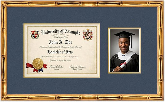 CountryArtHouse Fits 11.69 x 8.27 A4 Certificate and 5 x 7 Photo Diploma and Photo Frame Gold Bamboo Genuine Hardwood with Navy Blue Over Metallic Gold Double mat