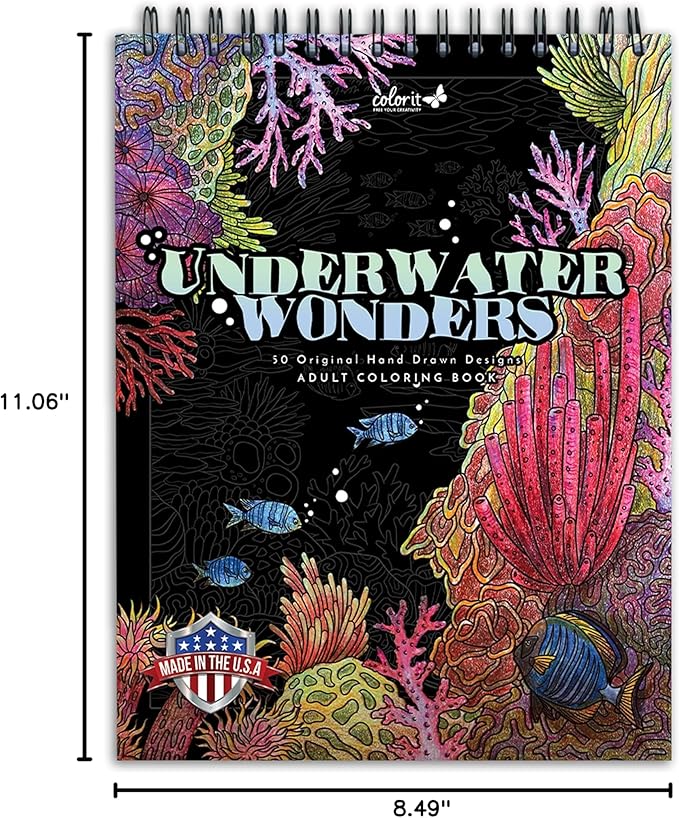 ColorIt Underwater Wonders Adult Coloring Book, 50 Under the Sea Coloring Pages, USA Printed with Spiral Binding, Hardback Covers, and Ink Blotter | for Arts and Crafts, Ocean Coloring Book for Adults