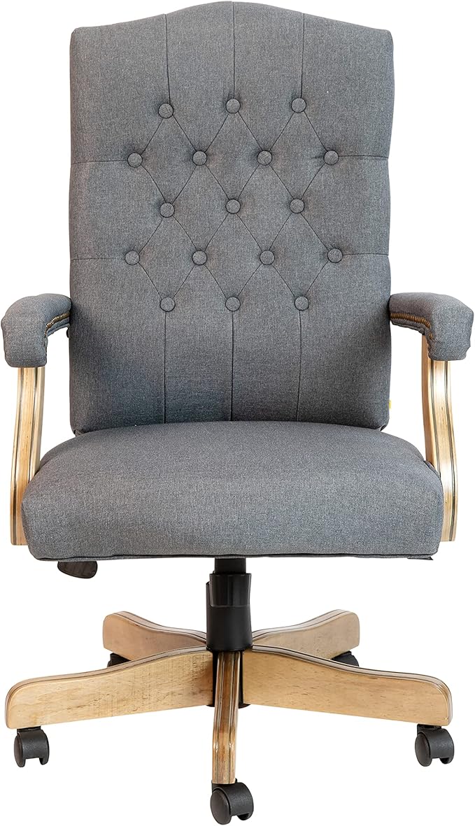 Flash Furniture Derrick Traditional Office Chair - Gray Fabric Tufted Swivel Office Chair - Home Office Desk Chair with Driftwood Base