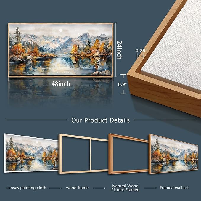 ZUITINGHUA Wood Framed Canvas Wall Decor For Living Room Large Wall Art For Office Watercolour Paintings Bedroom Decorations Farmhouse Home Mural Forest Mountain Landscape Pictures Artwork 24x48 In
