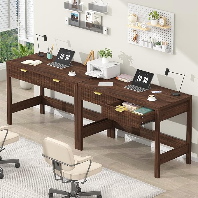 Fluted Computer Desk with 2 Drawers, 39 Inch Small Computer Desk with Storage, Compact Writing Study Desk for Small Spaces, Walnut