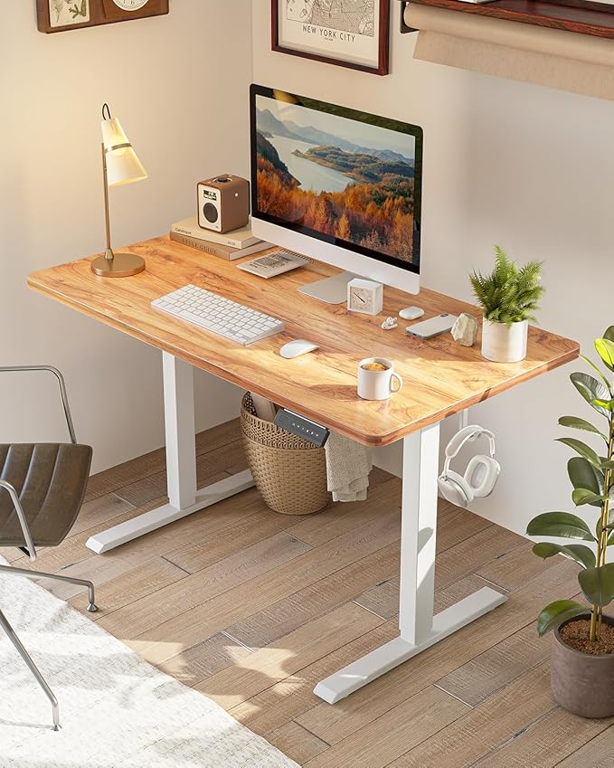 CubiCubi 40 x 24 Small One-Piece Standing Desk, Adjustable Height Electric Computer Home Office Sit Stand up Workstation, with 4 Memory Presets, Headphone Hook, Light Rustic