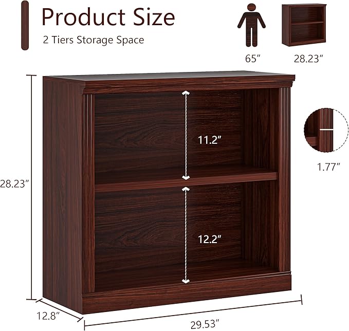 2-Tier Bookshelf Basic Book Case, Wooden Storage Shelves Rustic Floor Standing Bookshelves, D:12.8" x W: 29.5" x H: 28.2", Sturdy Display Cabinet for Living Room, Library, Office, Cherry