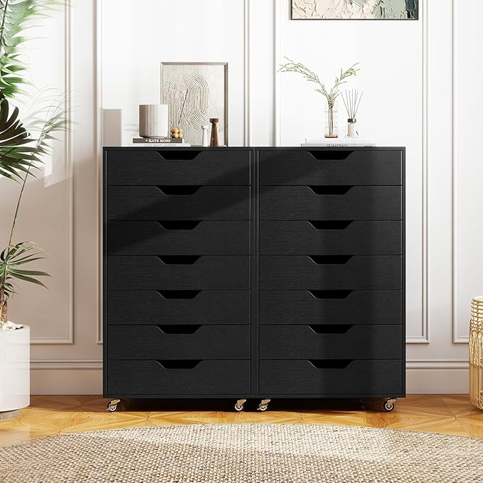7 Drawer File Cabinet, 34.5" Vertical Storage Drawer Cart, Under Desk Office Organizer, Wooden Printer Stand, Rolling Filing Cabinet for Home Office (Black)