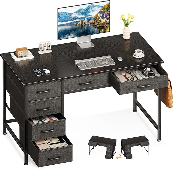 ODK Computer Desk with 6 Drawers, 40 Inch Small Desk with Storage, Reversible Desk with Headphone Hook for Home Office, Work Study Table for Bedroom, Black