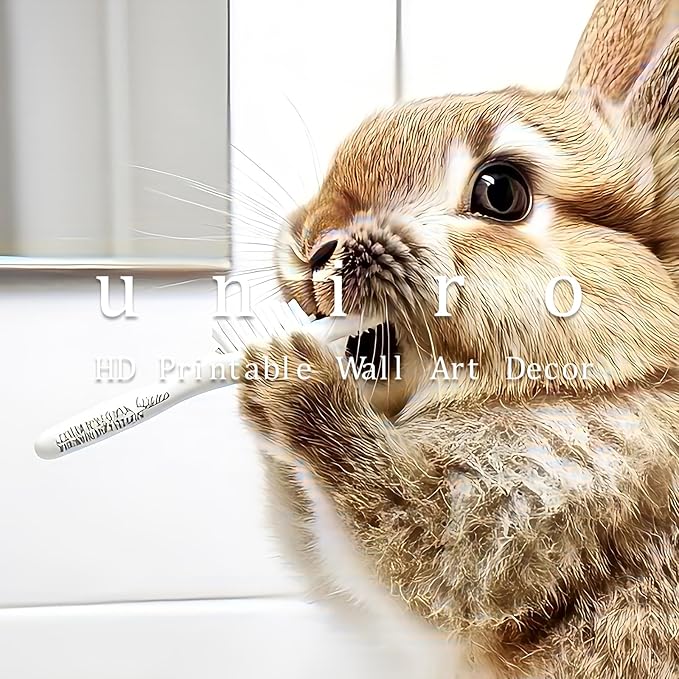 uniro Funny Bathroom Wall Art Prints, Cute Rabbit Brushing Teeth Bathroom Picture Wall Decor, Cute Bunny Animal Canvas Print Painting, Modern Bathroom Signs Wall Art Poster for Bathroom Decor( 8" x 10"-UNFRAMED)