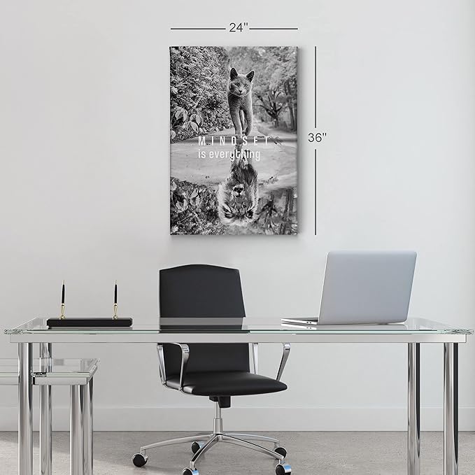 Smile Art Design Mindset is EverytingBlack and White Cat and Lion Reflection Motivational Wall Art Canvas Print Inspirational Entrepreneur Quote Office Living Room Decor Gift Ready to Hang 28x19