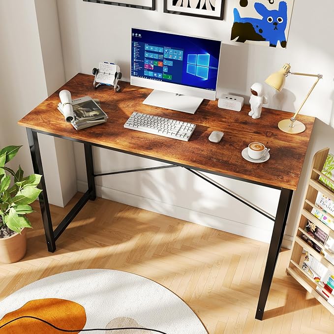DUMOS 44 Inch Computer Desk for Home Office, Modern Study Work Table Simple Style for Bedroom, WritInchg Desks with X-Shaped ReInchforcement, Rust