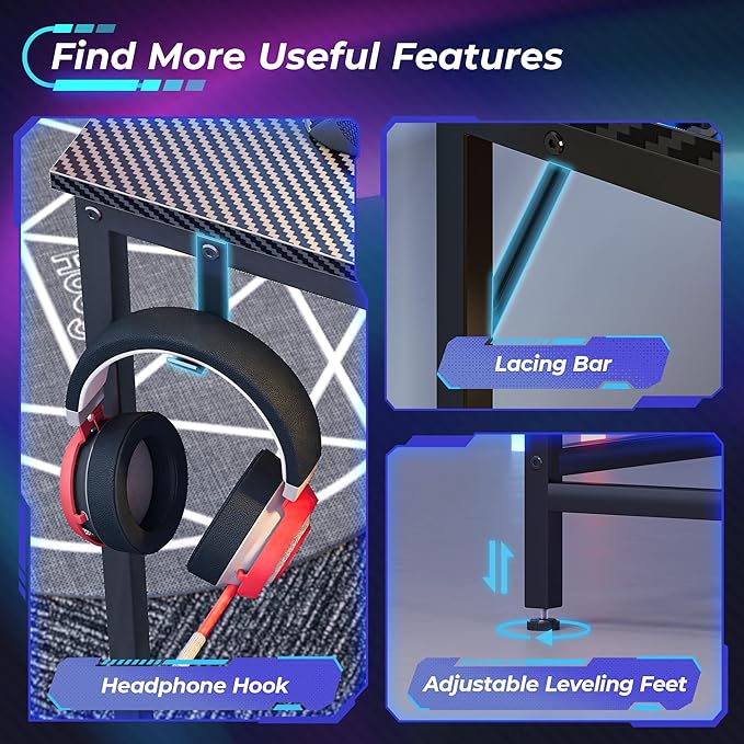 Huuger L Shaped Gaming Desk with Power Outlets & LED Lights, Computer Desk with Monitor Shelves, Carbon Fiber Surface, Home Office Desk, Corner Gaming Desk with Hooks, Carbon Fiber Black