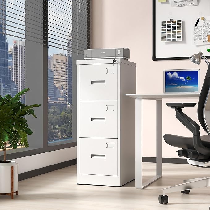 AQY 3 Drawer File Cabinet with Lock, Metal White Filing Cabinets for Home Office, 18" Deep Heavy Duty Vertical Storage Cabinet for Hanging A4/Letter/Legal Size Files, Assembly Required