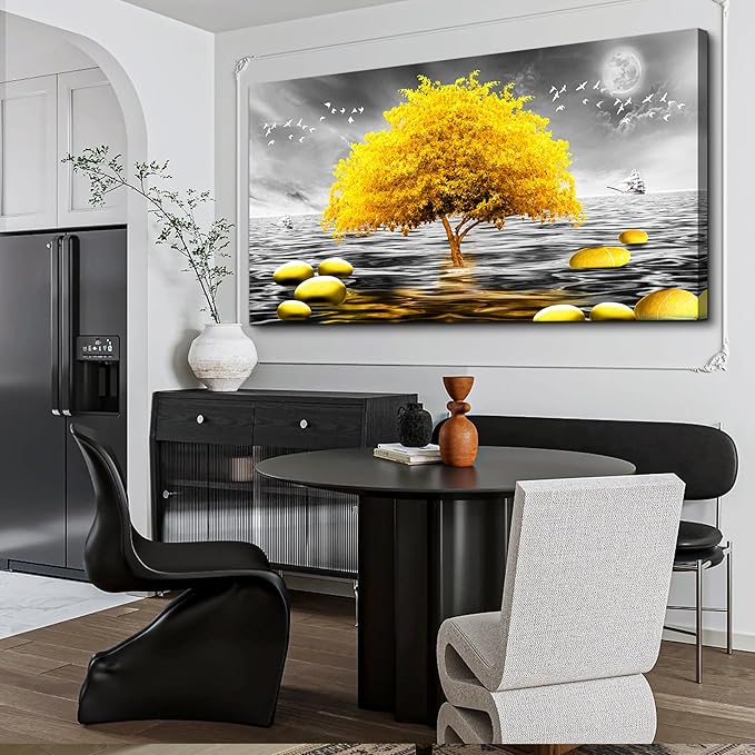 hyidecorart Canvas Wall Art 30"X60" - Black And White Ocean Scenery & Yellow Tree Art Print, Large Wall Decor Posters Abstract Pictures for Living Room, Bedroom, Office Modern Home Decor