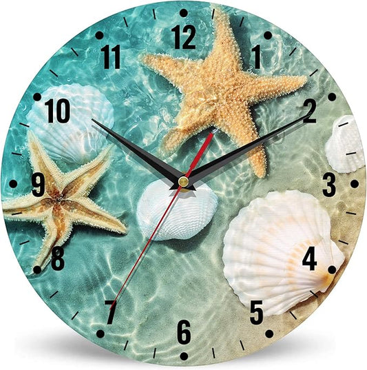 SPUNKER Wall Clock,Beach Seashell Starfish Kitchen Wall Clock,Coastal Clocks 10 Inch Silent Non-Ticking Wall Battery Operated for Living Room Bedroom Bathroom Laundry Room Decor