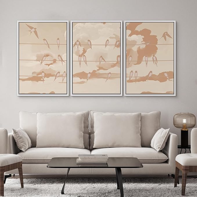SIGNWIN Framed Canvas Print Wall Art Set Minimal Birds on Wires Neutral Sky Illustrations Modern Art Decorative Nordic Abstract for Living Room, Bedroom, Office - 16"x24"x3 White