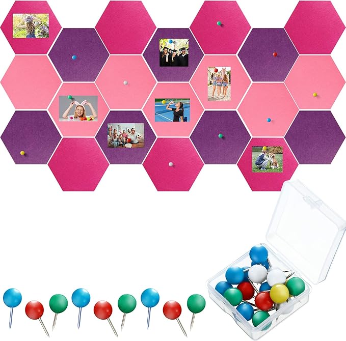 21 Pieces Pin Board Hexagon Felt Board Tiles Bulletin Board Memo Board Notice Board with 40 Pieces Push Pins for Home Office Classroom Wall Decor 5.9 x 7 Inches/ 15 x 17.7 cm (Rose Red, Purple, Pink)