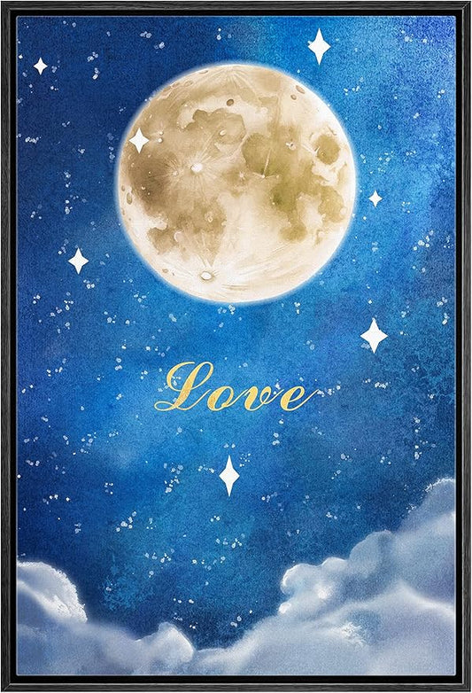 IDEA4WALL Framed Canvas Print Wall Art Love Watercolor Galaxy with Yellow Moon Astronomy & Space Sky Illustrations Modern Art Glam Colorful Ultra for Living Room, Bedroom, Office - 16"x24" BLACK