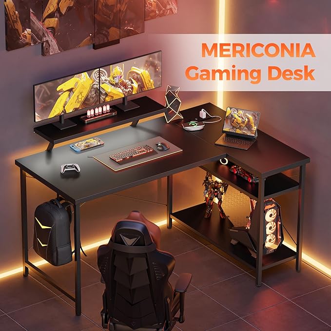 Mericonia Small L Shaped Computer Desk with Power Outlets, Reversible Gaming Desk with Storage Shelves & Monitor Stand, Corner Gamer Desk Table, Study Writing Table