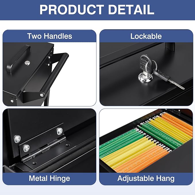 Mobile File Cabinet, 2-Tier Rolling File Cart with Wheels Hanging Files, Metal File Cabinets with Lock and Sliding Covers for A4/Letter/Legal Size, Black