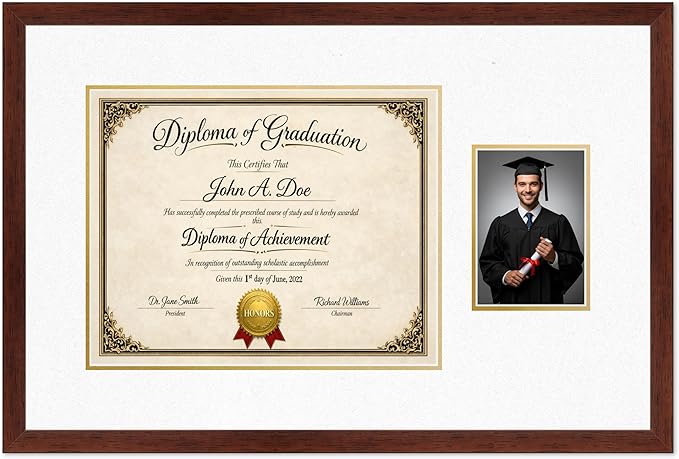 Diploma Frame With Photo Opening Rustic Walnut Oyster Shell Over Gold Mat - Fits 15 x 12 Degree and Picture Made in the USA