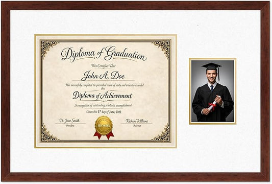 Diploma Frame With Photo Opening Rustic Walnut Oyster Shell Over Gold Mat - Fits 15 x 12 Degree and Picture Made in the USA