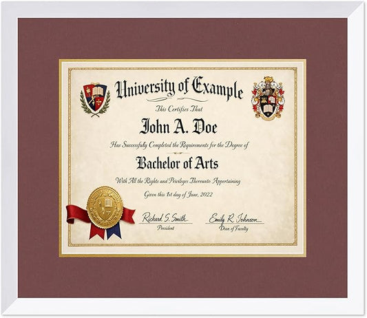 CountryArtHouse Diploma Frame Fits 15 x 12 Military/Government - Keepsake Graduation Display Bright White Genuine Hardwood with Dark Red Over Metallic Gold Double mat