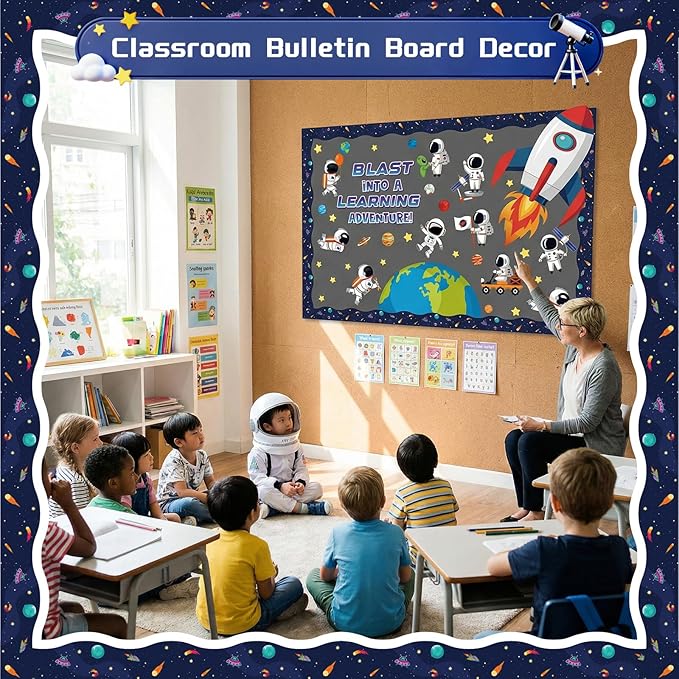 Outer Space Bulletin Board Decorations Set, 118 Pcs Classroom Decor Astronaut Planet Cutouts Kids with Galaxy Borders Space Themed Back to School Decorations for Classroom Chalkboard Decoration