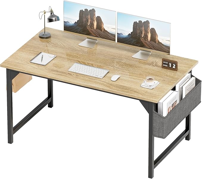 Shahoo Office Computer Desk, 40 Inch Student Home Table for Writing Work with Headphone Hook and Storage Bag, Light Oak