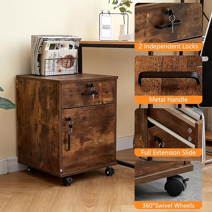 Mobile 2 Drawer File Cabinet with Lock, Wooden Under Desk Filing Cabinet with Wheels, Small Rolling Storage Cabinet for Home Office Organizer A4/Letter Size/Legal, Rustic Brown