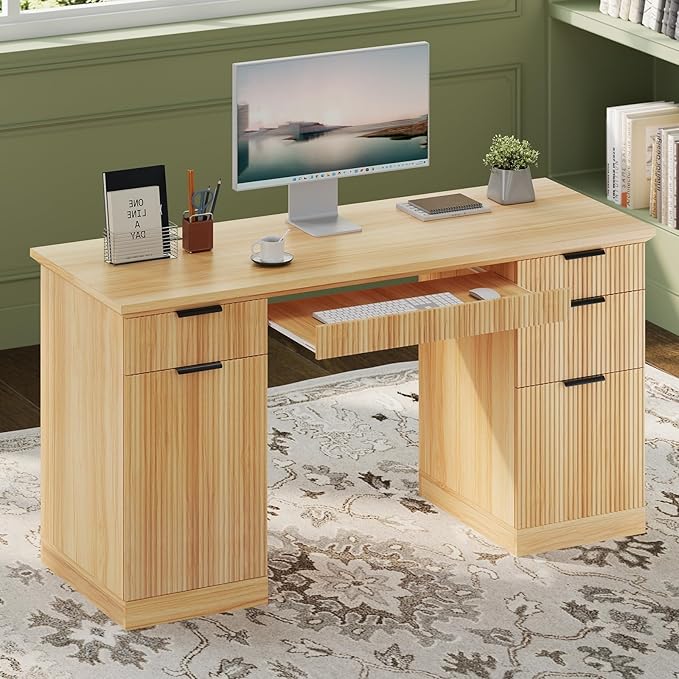 FURSUN 58" Executive Desk with Charging Station & File Drawer, Modern Fluted Home Office Desk with 5 Drawers & Keyboard Tray, Large Computer Writing Desk, Natural Oak