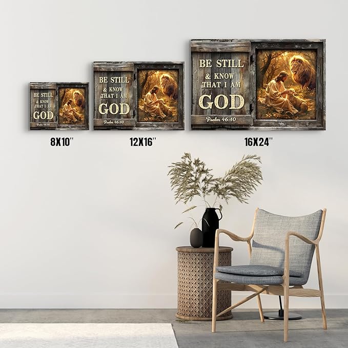 Farmhouse Inspirational Bible Verse Wall Art Be Still and Know That I Am God Rustic Jesus Lion Lamb Canvas Print Framed Artwork Christian Scripture Quotes Wall Decor for Living Room Bedroom 8"x10"
