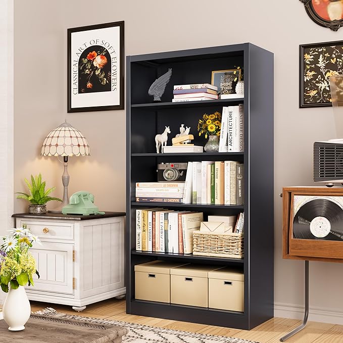 Bookcase, 5 Shelf Bookcases for Books, Garage Kit, CDs, Toys, Bookshelves and Bookcases for Home Office Library Living Room, Metal Book Case with Adjustable Shelves