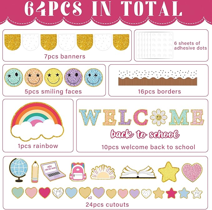 Welcome Back to School Bulletin Board Set Boho Groovy Classroom Decorations Colorful Preppy Face Paper Cutouts for Classroom Nursery Chalkboard Preschool Wall Door Decor Teacher Supplies