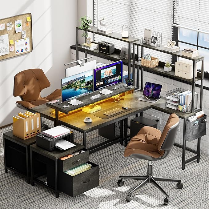 REAHOME 70 Inch L Shaped Desk with File Drawers and Reversible Storage Shelves, Computer Desk with Power Outlet & LED Strip, Home Office Desks, Bookshelf Desk, Writing Study Desk for Bedroom, Grey Oak