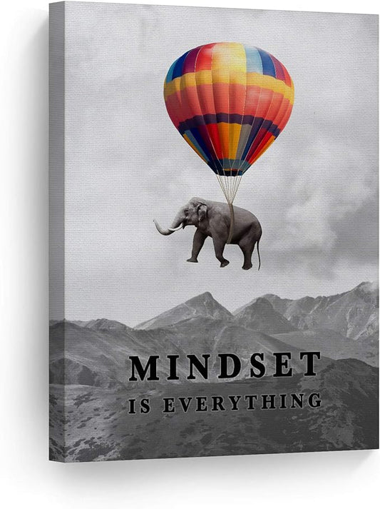 Smile Art Design Mindset is Everything Colorful Elephant Black and White View Motivational Wall Art Canvas Print Inspirational Entrepreneur Quote Office Living Room Decor Gift Ready to Hang 40x30