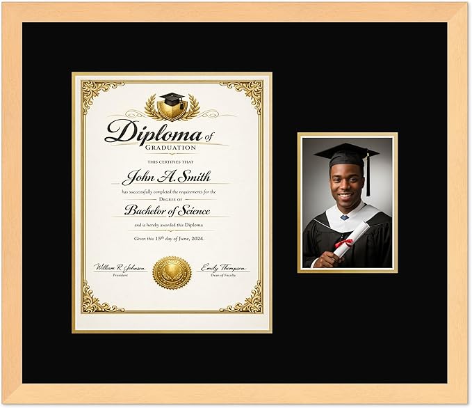 CountryArtHouse Fits 10 x 13 College Diploma (Portrait Traditional) and 5 x 7 Pho Diploma and Photo Frame Natural Wood Genuine Hardwood with Black Over Metallic Gold Double mat