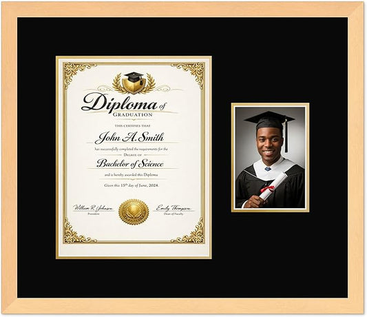 CountryArtHouse Fits 10 x 13 College Diploma (Portrait Traditional) and 5 x 7 Pho Diploma and Photo Frame Natural Wood Genuine Hardwood with Black Over Metallic Gold Double mat